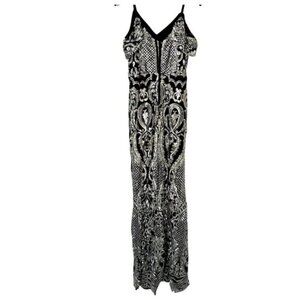 AP Design Sequined V-Neck Cold Shoulder Maxi Gown Dress Black Large Boho Fitted